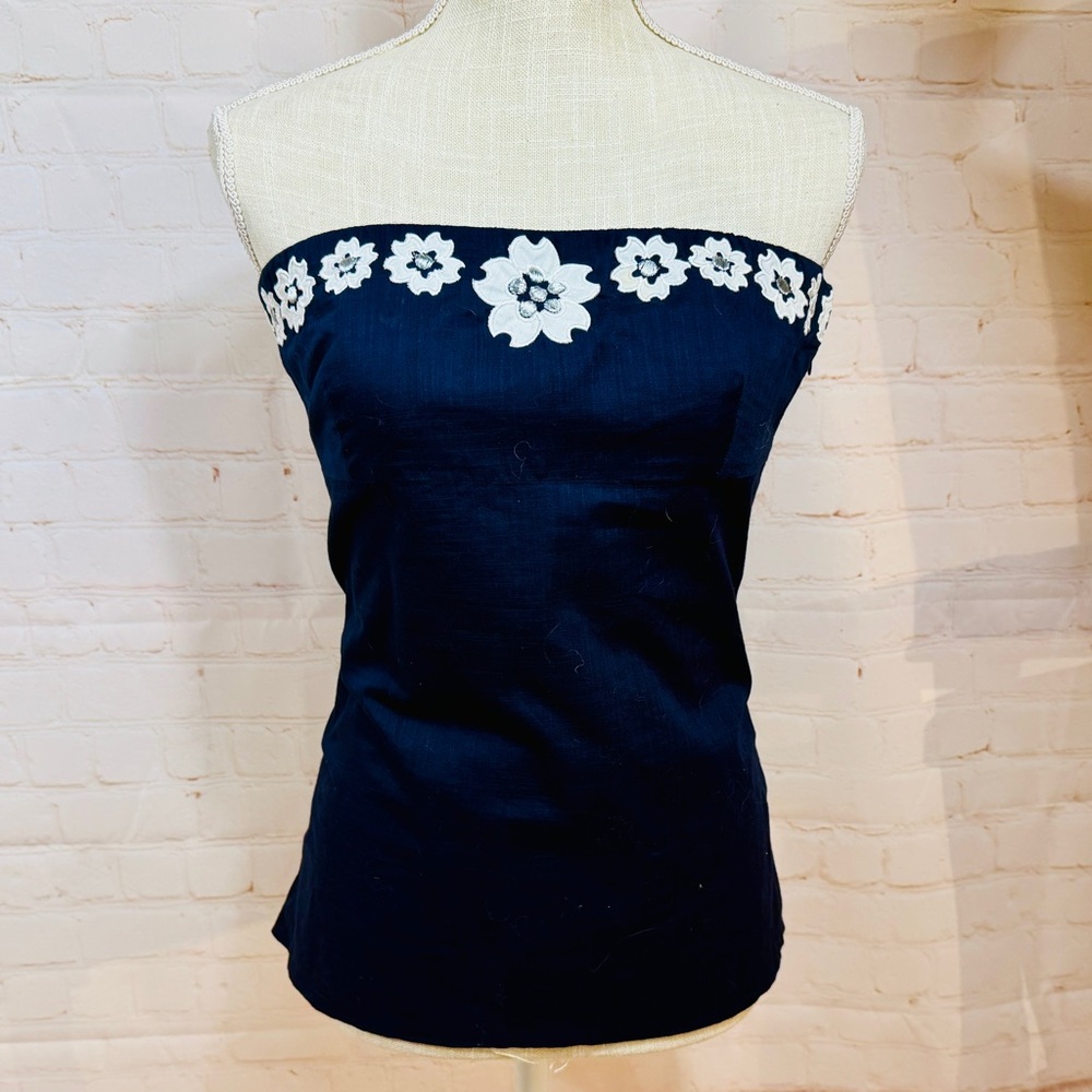 J. Crew Navy Blue Strapless Top with White Floral Flower Accents S 6
